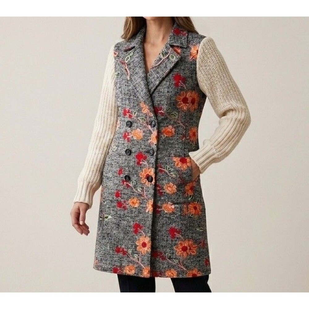 Endless Rose Embroidered Floral Tweed Duster Coat Sz S Knit Sleeves Boho Grandma